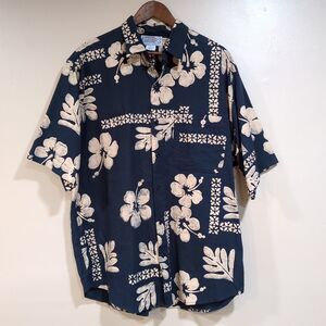 Back East Mens XL Floral Aloha Hawaiian Shirt Navy Cream Short Sleeve Button Up